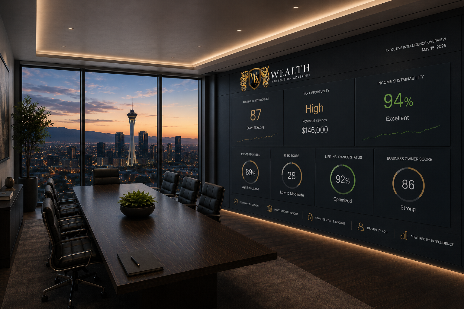 Executive boardroom overlooking a city skyline at sunset with WPA intelligence dashboard